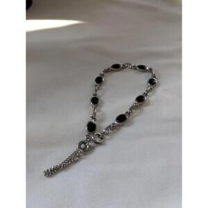 Black Onyx Link Bracelet, Silver Tone, Lobster Clasp